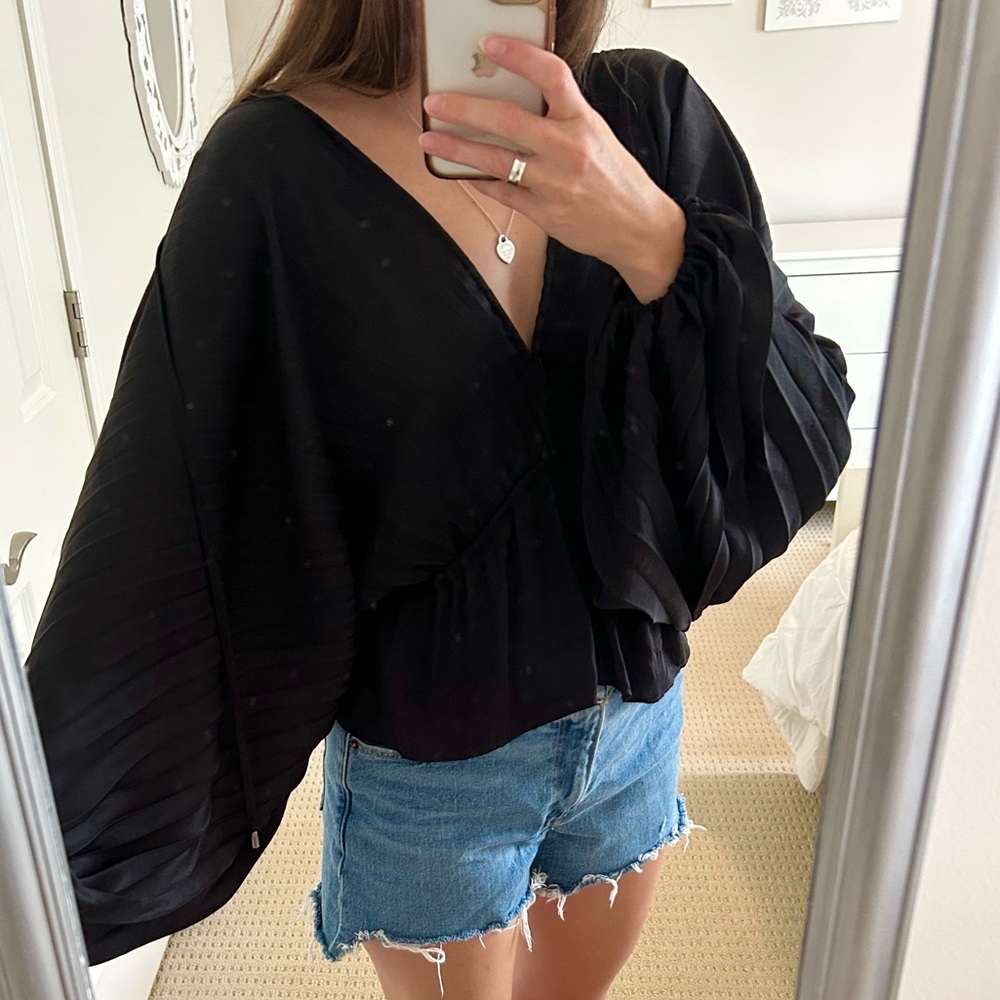 Free People Black Satin Pleated Blouse